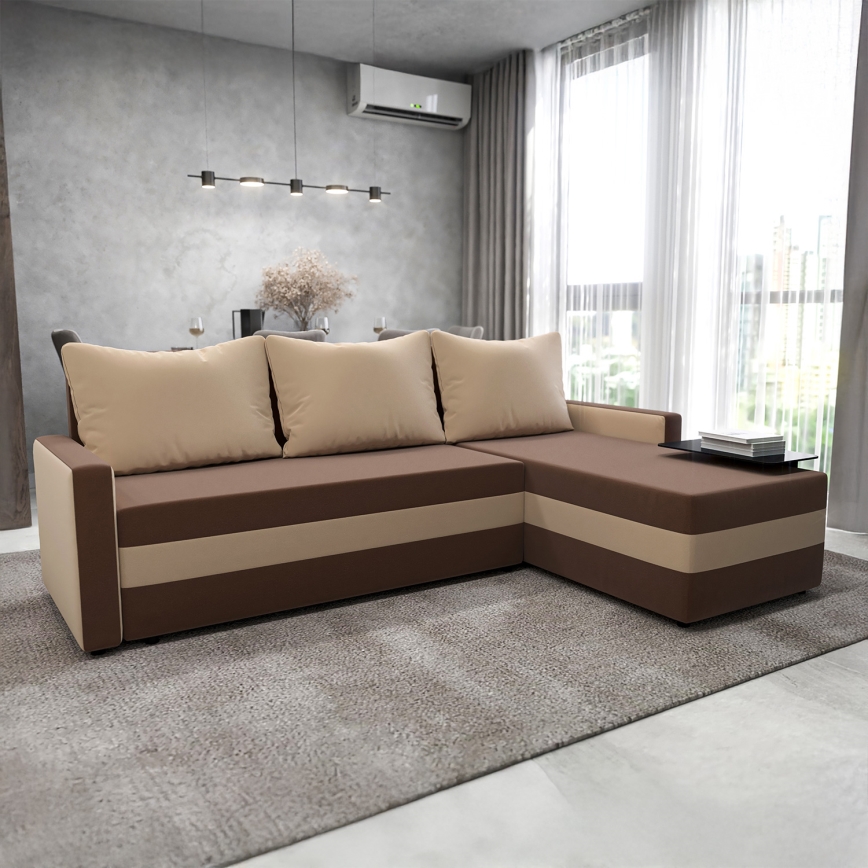 Gepolstertes, links-/rechtsmontierbares L‑Ecksofa BRISTOL mit Schlaffunktion – Braun/Beige
