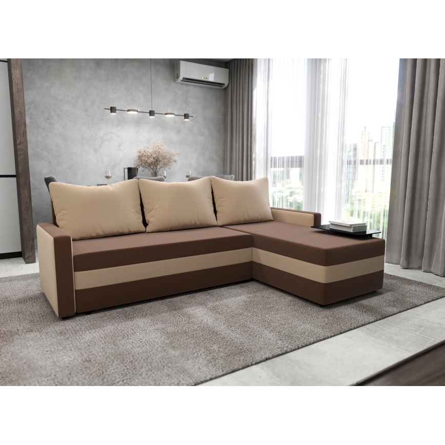 Gepolstertes, links-/rechtsmontierbares L‑Ecksofa BRISTOL mit Schlaffunktion – Braun/Beige
