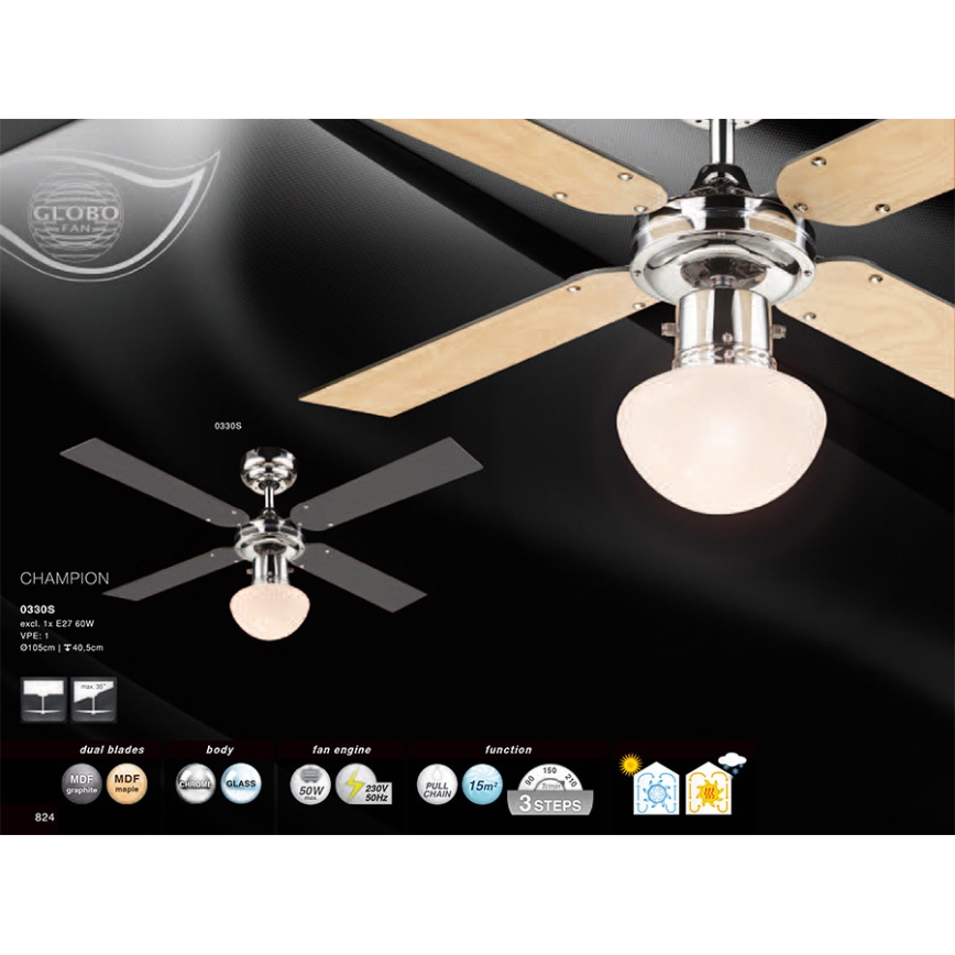 GLOBO 0330S - Deckenlüfter CHAMPION 1xE27/60W/230V