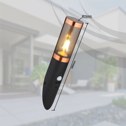 Globo - Outdoor-Wandleuchte mit Sensor 1xE27/15W/230V IP44 schwarz/kupfern