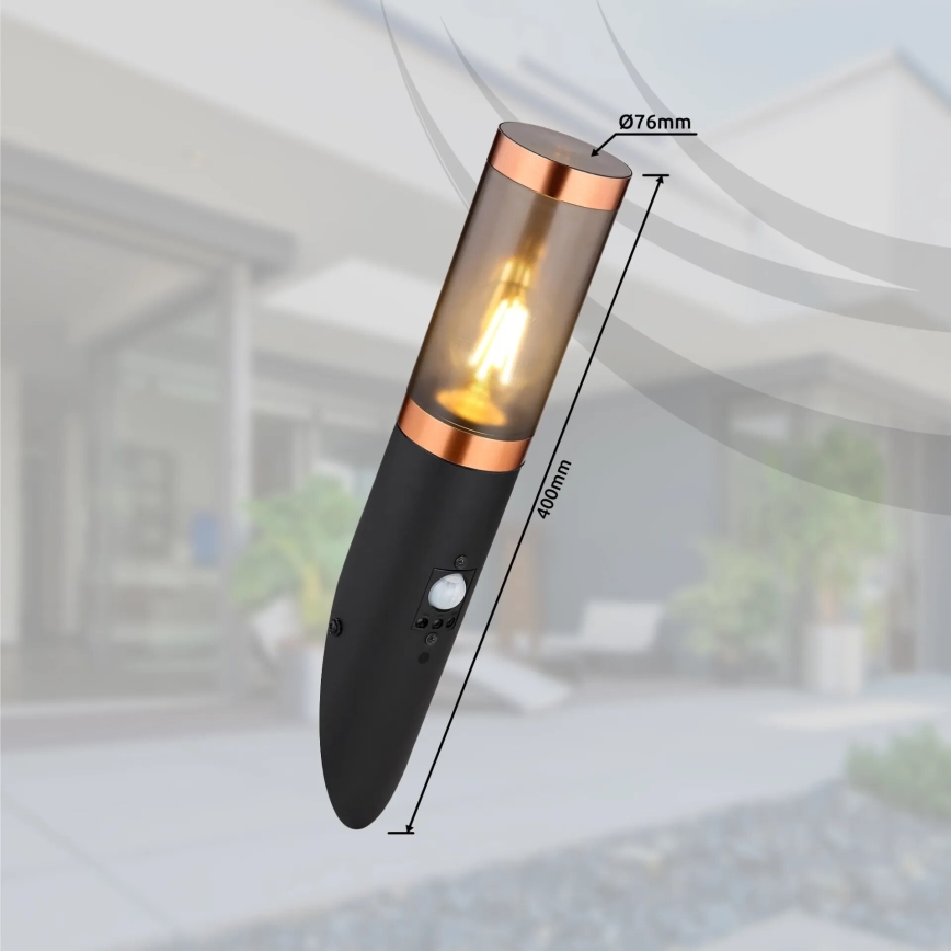 Globo - Outdoor-Wandleuchte mit Sensor 1xE27/15W/230V IP44 schwarz/kupfern