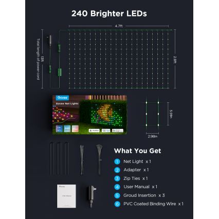 Govee - LED RGBIC Außen-Lichternetz 143x85cm Wi-Fi Matter IP65