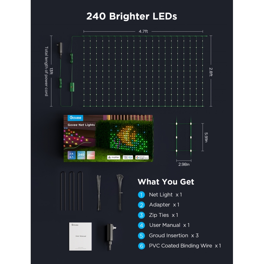 Govee - LED RGBIC Außen-Lichternetz 143x85cm Wi-Fi Matter IP65