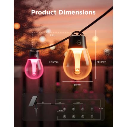 Govee - LED RGBICW Solar-Lichterkette 8xLED/6W/5V Wi-Fi Matter IP67