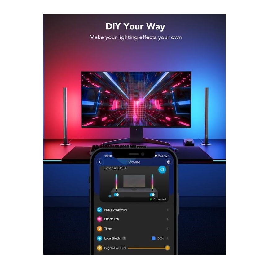 Govee - SET 2x Smart Gaming Wi-Fi LED RGBIC Panels + Smart Dual schwarz + Fernbedienung