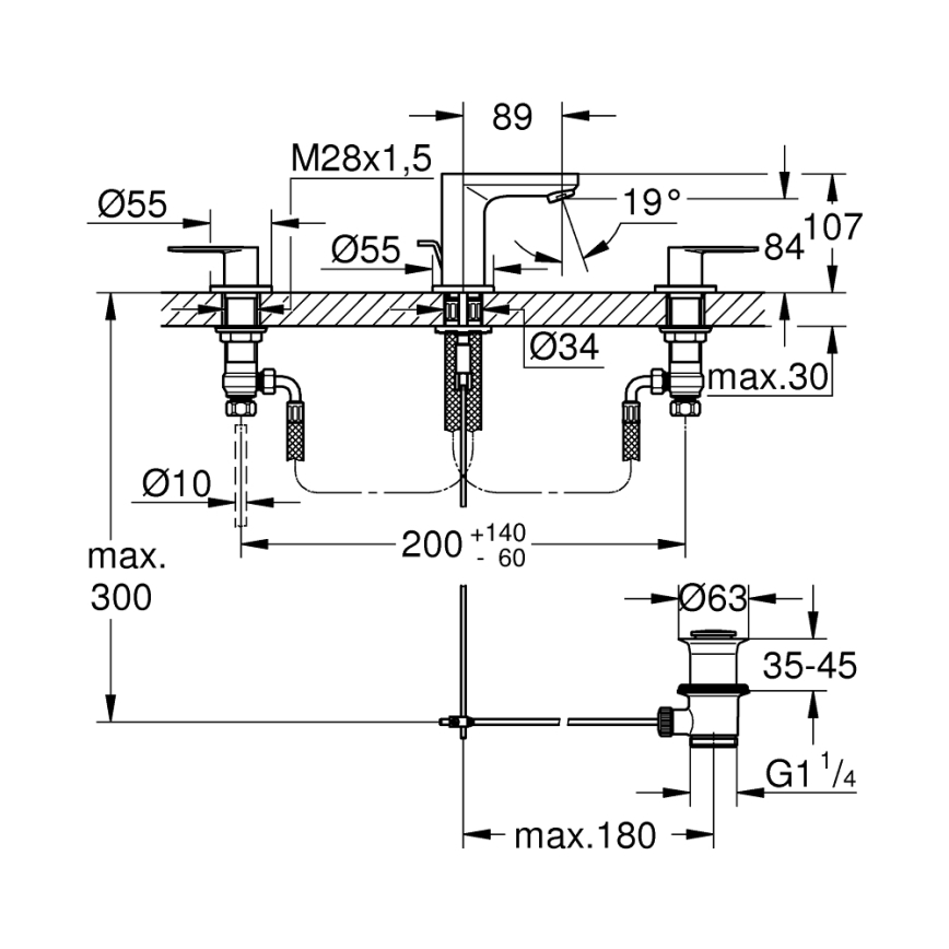 GROHE 20187000-3-Loch-Waschtischarmatur EUROSMART COSMOPOLITAN DN 15, Chrom