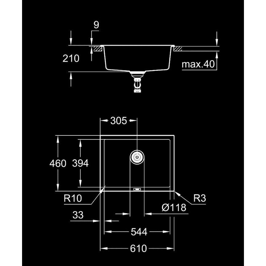 GROHE 31655AP0 - Küchenspüle K700U 610 × 460 mm schwarzer Stein/schwarz