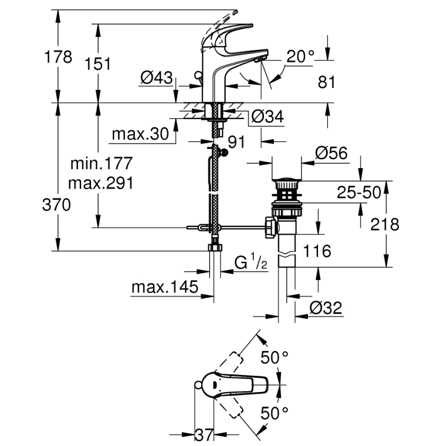 GROHE 32805000 - Waschtischarmatur BAUCURVE DN 15, glänzend verchromt