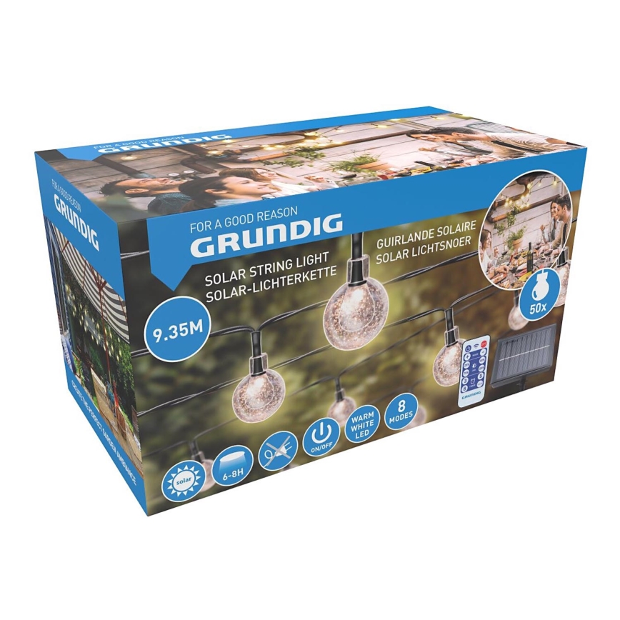 Grundig - LED dimmbare Solar-Lichterkette 50xLED/8 Funktionen 9,35 m warmweiß 1200 mAh + Fernbedienung