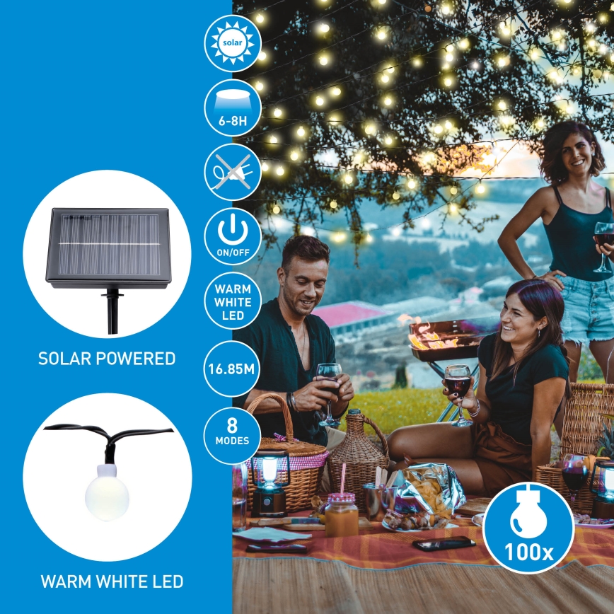 Grundig - LED Solar-Lichterkette 100xLED/8 Funktionen 16,85m warmweiß