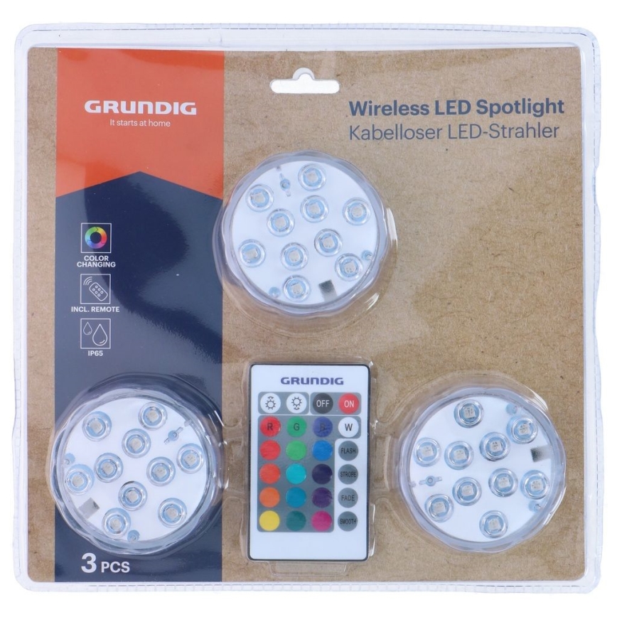 Grundig - 3er-Set dimmbare RGBW-LED-Leuchten, 3 W, 3× AAA, IP65, inkl. Fernbedienung