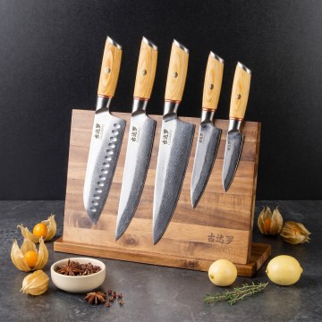 Gudaro - 5er-Set Damast-Küchenmesser HIKARI + magnetischer Messerhalter