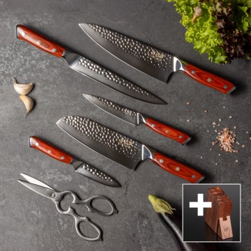 Gudaro - 5er-Set Damast-Küchenmesser MIYABI + Messerblock und Geflügelschere