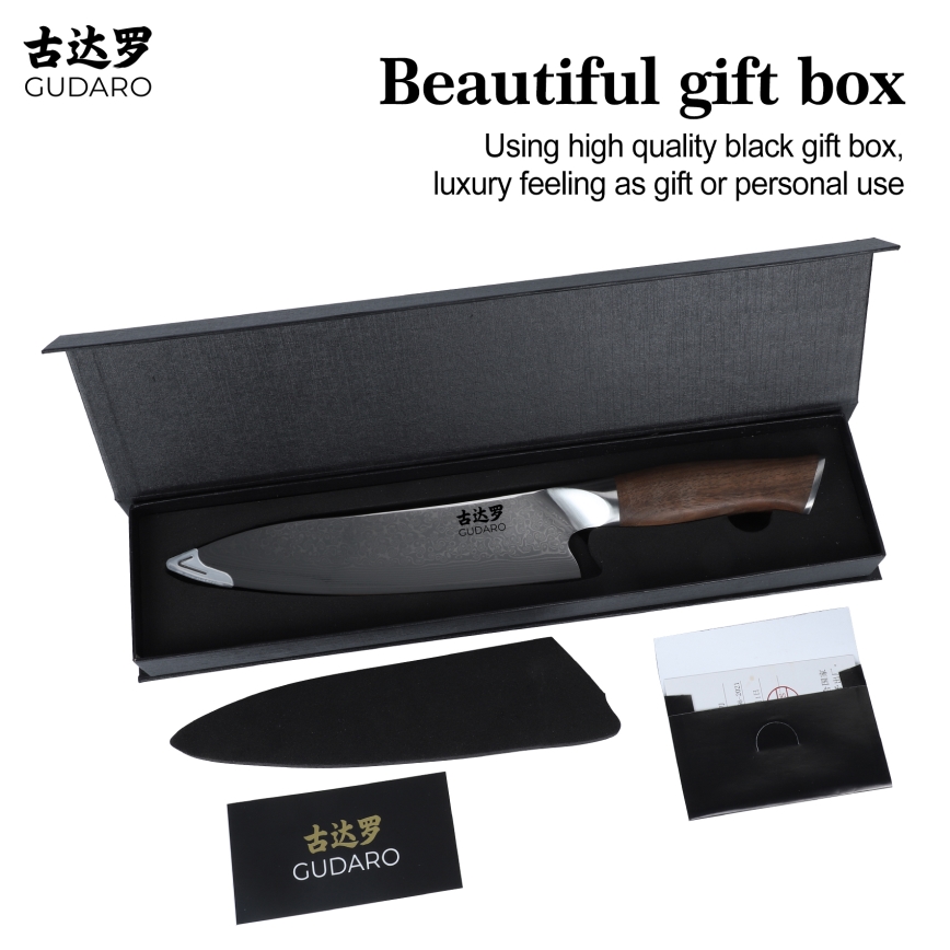 Gudaro - Damast-Chefmesser TAKUMI 8, 67-lagiger Damaststahl, Klingenlänge 20 cm, Walnussgriff