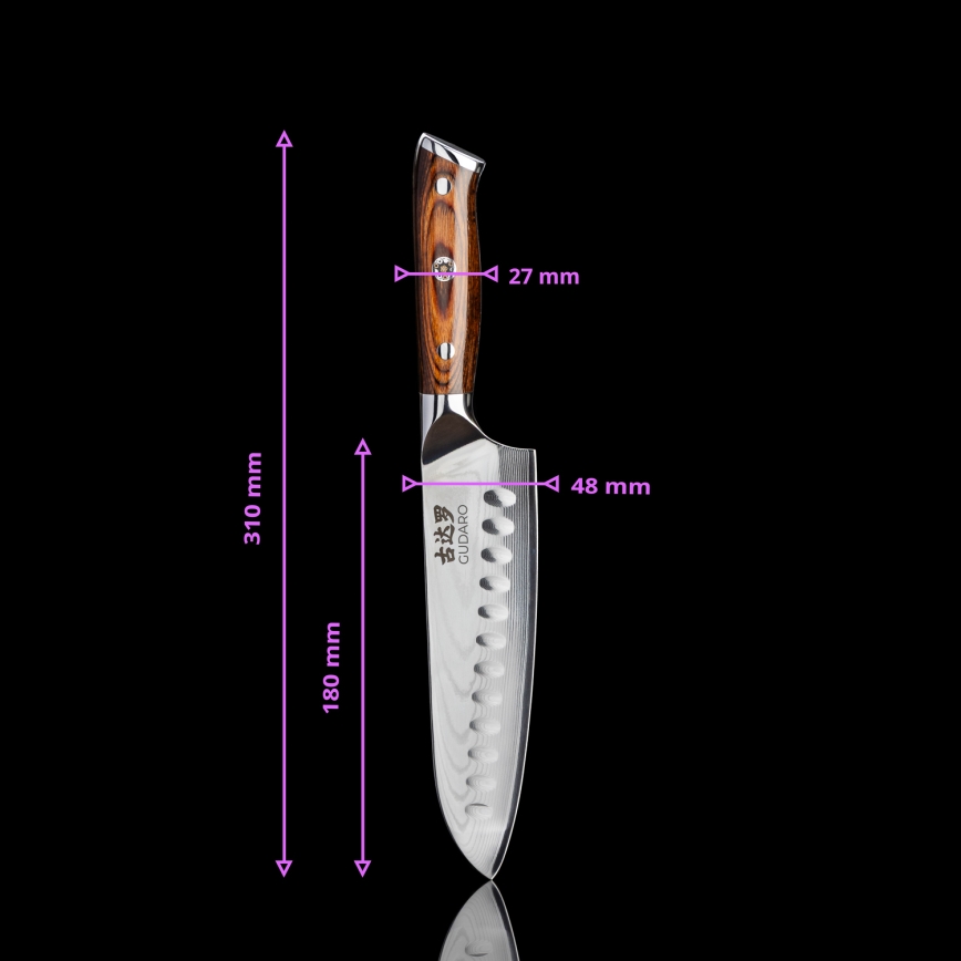 Gudaro - Damast-Santoku-Küchenmesser FENG 7,5, 67-lagiger Damaststahl, Klingenlänge 18 cm
