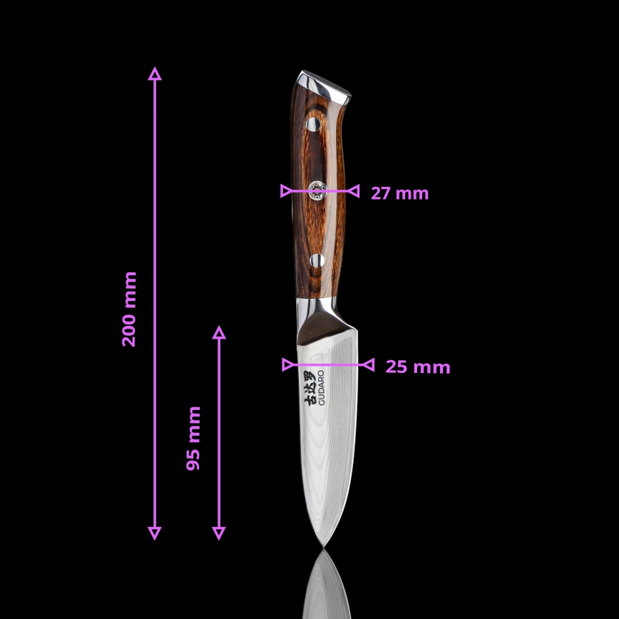 Gudaro - Set: 1x Damast-Kochmesser FENG 8, 67 Lagen Stahl, Klingenlänge 20 cm + 1x Damast-Santoku-Messer FENG 7,5, 67 Lagen Stahl, Klingenlänge 18 cm + 1x GRATIS Damast-Küchenmesser FENG 3,5, 67 Lagen Stahl, Klingenlänge 9,5 cm