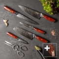 Gudaro-Set 5x Damast-Küchenmesser MIYABI + Messerblock und Geflügelschere