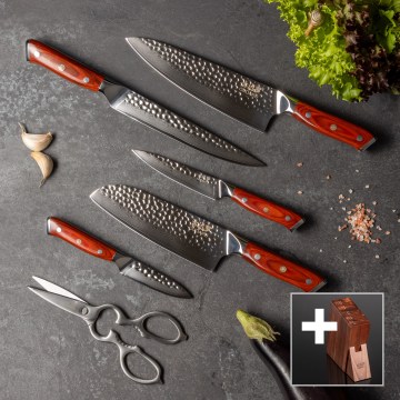 Gudaro-Set 5x Damast-Küchenmesser MIYABI + Messerblock und Geflügelschere