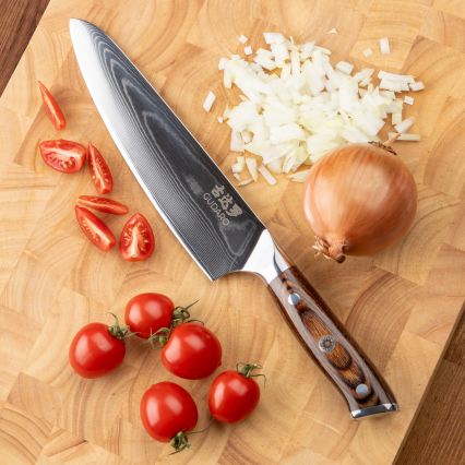Gudaro - SET 1x Damast-Kochmesser FENG 8, aus 67 Lagen Damaststahl, Länge 20 cm + 1x Damast-Santoku-Küchenmesser FENG 7,5, aus 67 Lagen Damaststahl, Länge 18 cm + 1x GRATIS Damast-Obstmesser FENG 3,5, aus 67 Lagen Damaststahl, Länge 9,5 cm