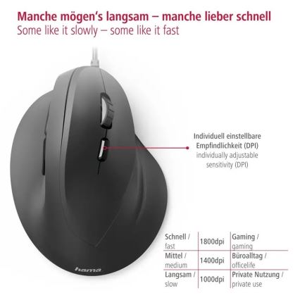 Hama - Ergonomische Maus mit Kabel 1000/1400/1800 DPI schwarz