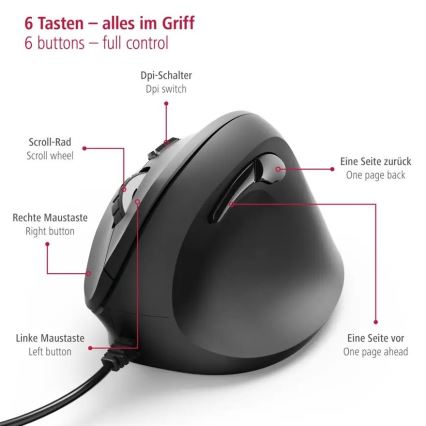 Hama - Ergonomische Maus mit Kabel 1000/1400/1800 DPI schwarz