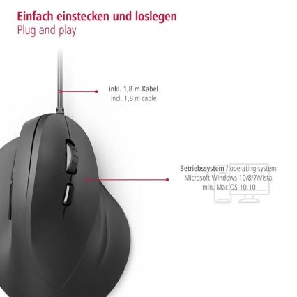 Hama - Ergonomische Maus mit Kabel 1000/1400/1800 DPI schwarz