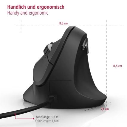 Hama - Ergonomische Maus mit Kabel 1000/1400/1800 DPI schwarz