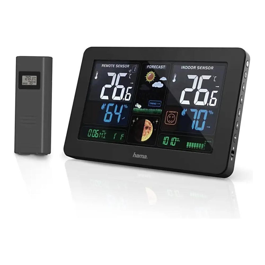 Hama - Wetterstation mit Farb-LCD-Anzeige und Wecker 230V/2xAA + USB schwarz