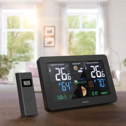 Hama - Wetterstation mit Farb-LCD-Anzeige und Wecker 230V/2xAA + USB schwarz