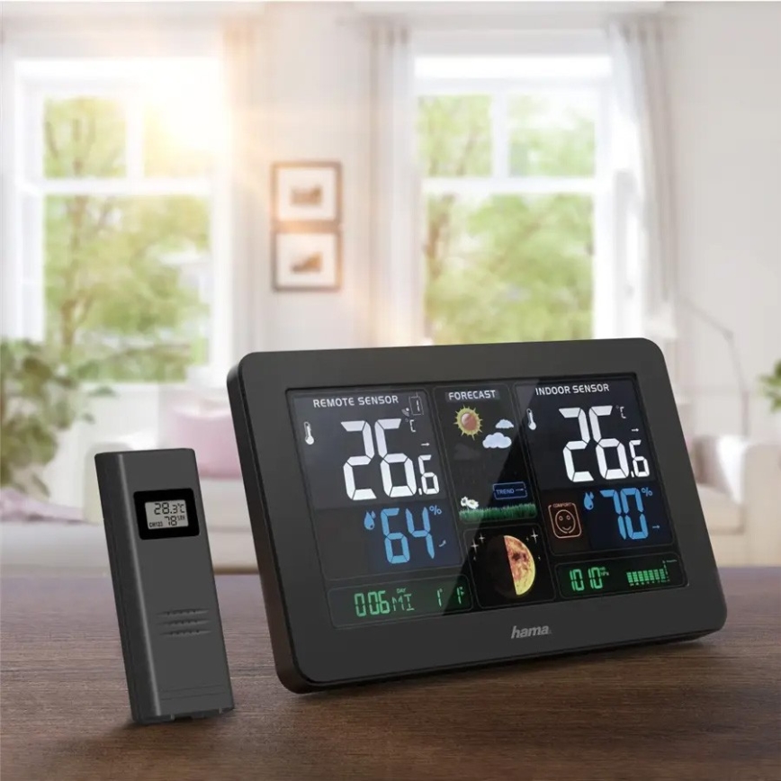 Hama - Wetterstation mit Farb-LCD-Anzeige und Wecker 230V/2xAA + USB schwarz