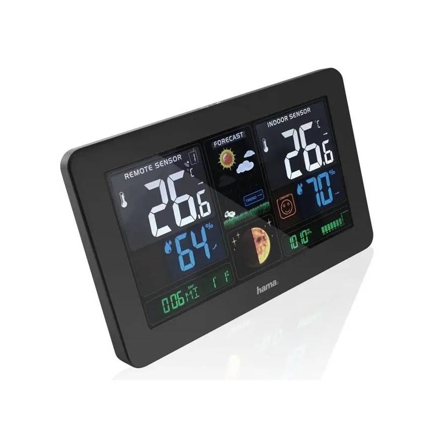 Hama - Wetterstation mit Farb-LCD-Anzeige und Wecker 230V/2xAA + USB schwarz