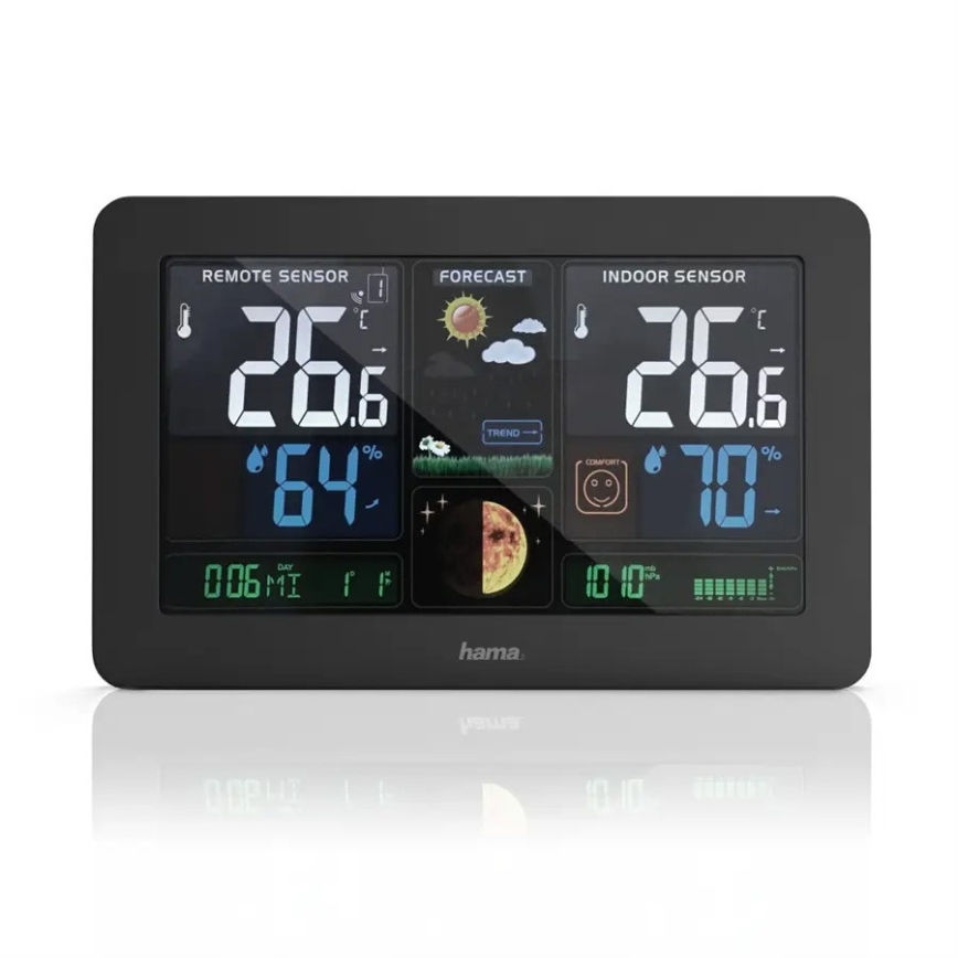 Hama - Wetterstation mit Farb-LCD-Anzeige und Wecker 230V/2xAA + USB schwarz