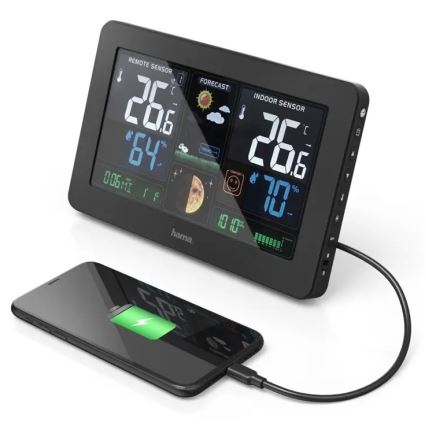 Hama - Wetterstation mit Farb-LCD-Anzeige und Wecker 230V/2xAA + USB schwarz