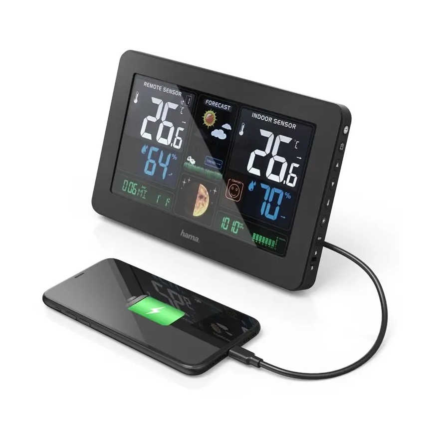Hama - Wetterstation mit Farb-LCD-Anzeige und Wecker 230V/2xAA + USB schwarz