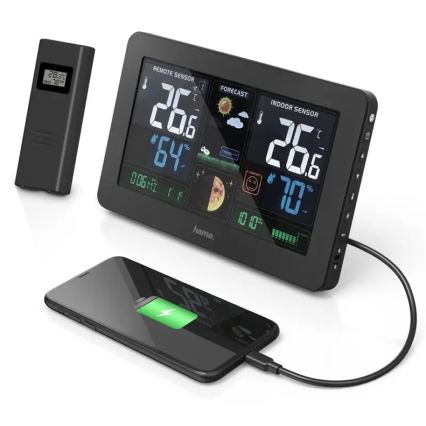 Hama - Wetterstation mit Farb-LCD-Anzeige und Wecker 230V/2xAA + USB schwarz