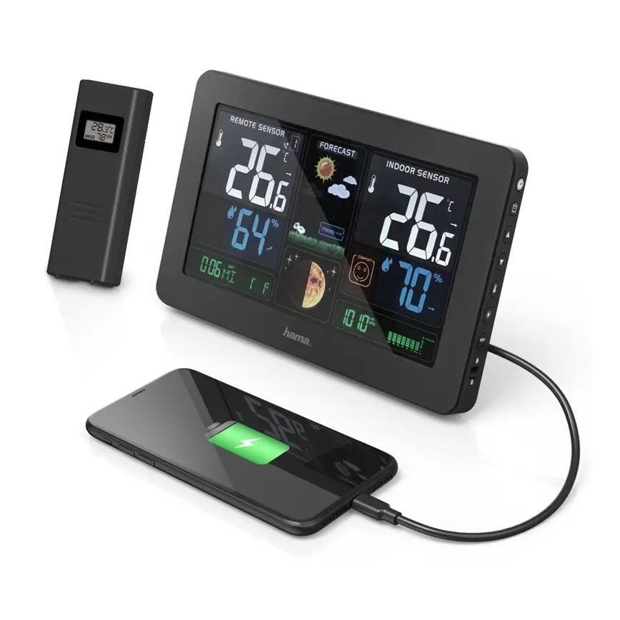 Hama - Wetterstation mit Farb-LCD-Anzeige und Wecker 230V/2xAA + USB schwarz
