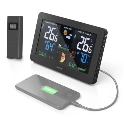 Hama - Wetterstation mit Farb-LCD-Anzeige und Wecker 230V/2xAA + USB schwarz