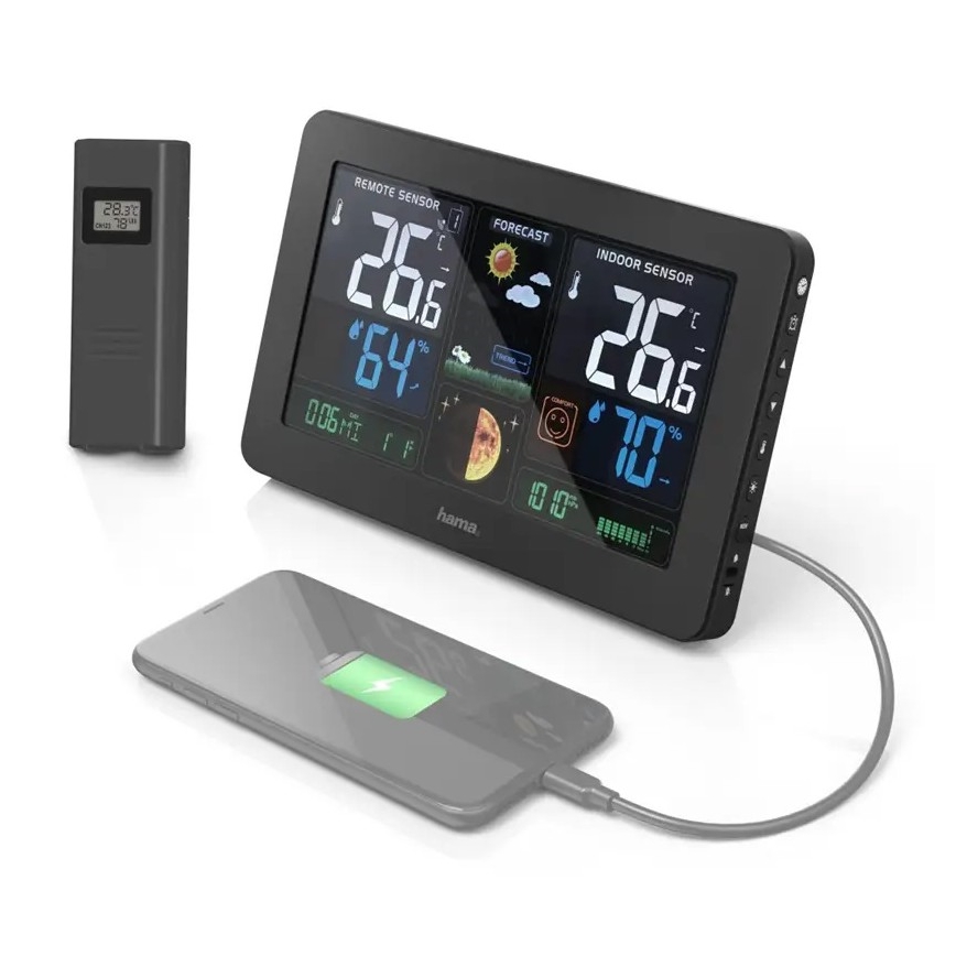 Hama - Wetterstation mit Farb-LCD-Anzeige und Wecker 230V/2xAA + USB schwarz