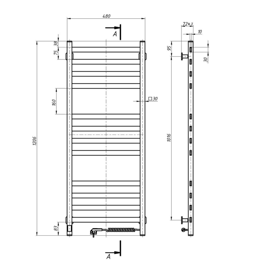 Handtuchheizkörper AVANGARD mit Thermostat, 227 W, 120 x 48 cm, weiß, rechts