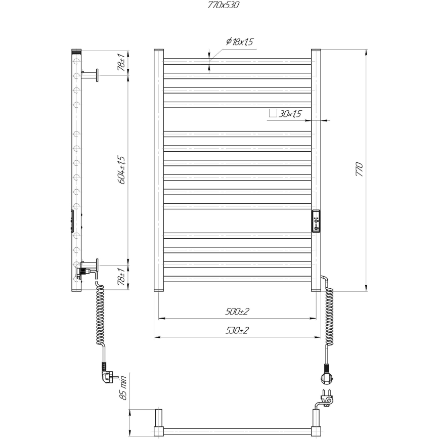 Handtuchheizkörper HF DERBY 170 W / 230 V, 77 x 53 cm, weiß, rechts
