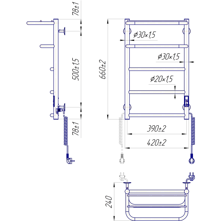 Handtuchheizkörper HOTEL 75W/230V 66x42 cm Edelstahl/weiß, rechts