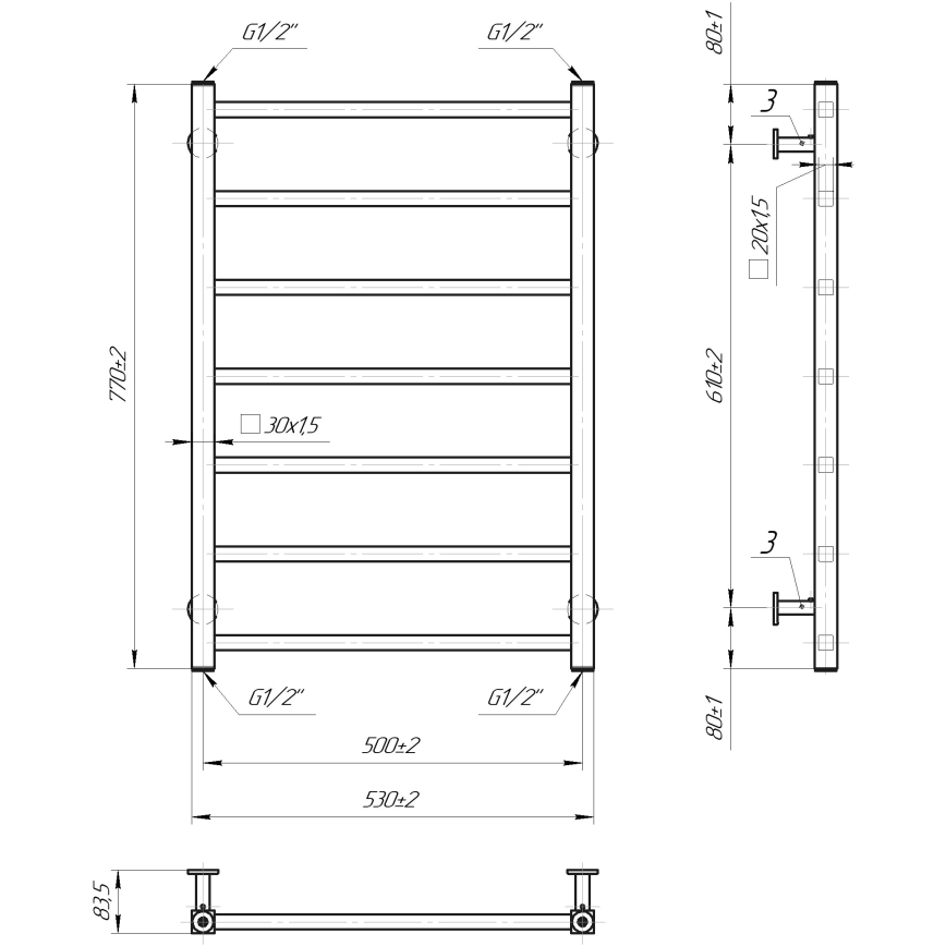 Handtuchheizkörper INOX TOKIO 161W/230V 77x53 cm Edelstahl/Anthrazit