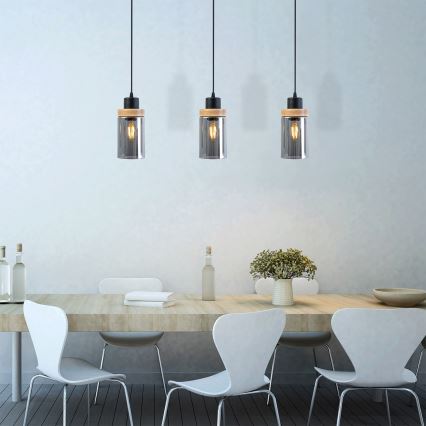 Hängeleuchte an Kabel WOODNEST 3xE27/15W/230V Kiefer/rauchschwarz