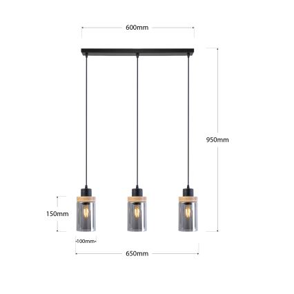 Hängeleuchte an Kabel WOODNEST 3xE27/15W/230V Kiefer/rauchschwarz