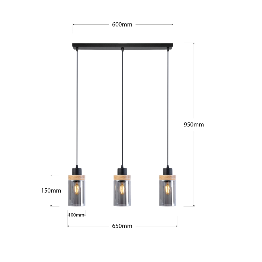 Hängeleuchte an Kabel WOODNEST 3xE27/15W/230V Kiefer/rauchschwarz