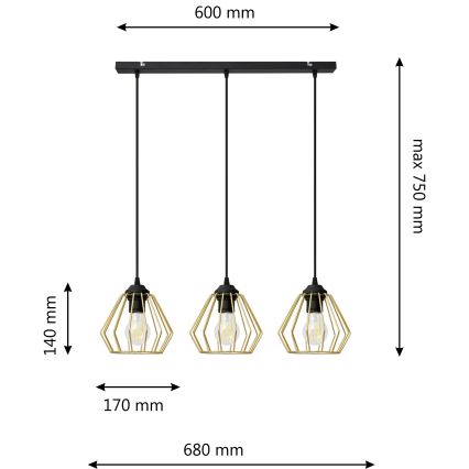 Hängeleuchte an Schnur AGAT 3xE27/15W/230V golden/schwarz