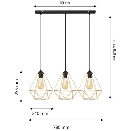 Hängeleuchte an Schnur KARO 3xE27/15W/230V golden/schwarz