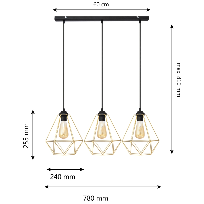 Hängeleuchte an Schnur KARO 3xE27/15W/230V golden/schwarz