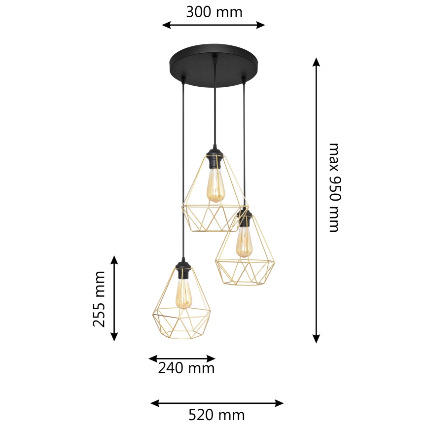 Hängeleuchte an Schnur KARO 3xE27/15W/230V golden/schwarz