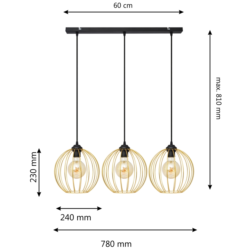 Hängeleuchte an Schnur MERCURE 3xE27/15W/230V golden/schwarz
